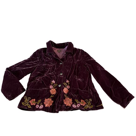 J Jill Purple Velvet Floral Embroidered Button Down Blazer Jacket Sz L - Picture 1 of 9
